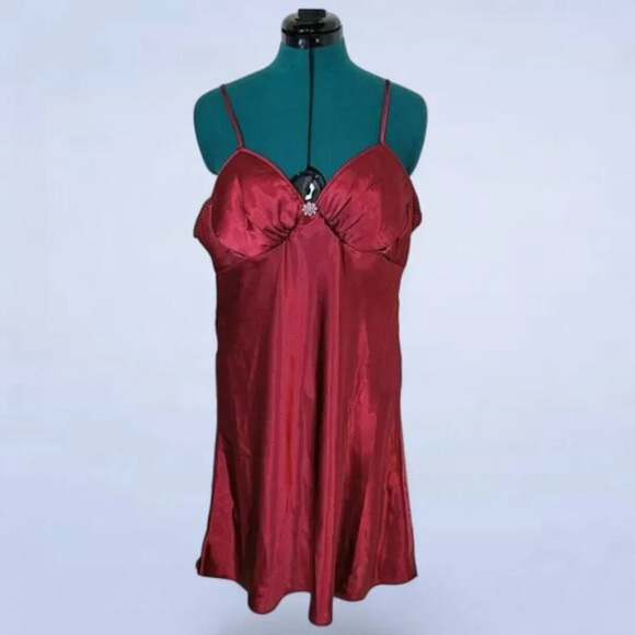 Vintage Seductive Wear by Cinema Etoile Red Satin Slip Pink Rhinestone Brooch XL - Picture 1 of 8